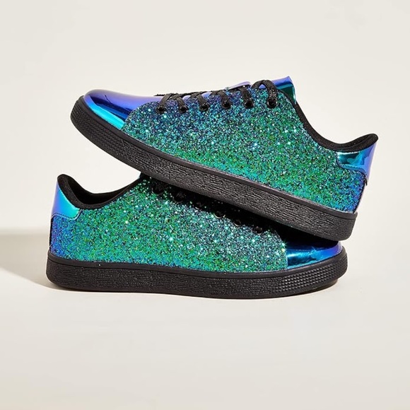 Glitter Shoes Sparkly Bling Shiny Bedazzled Lace up Fashion Sneakers for Women - Picture 2 of 5